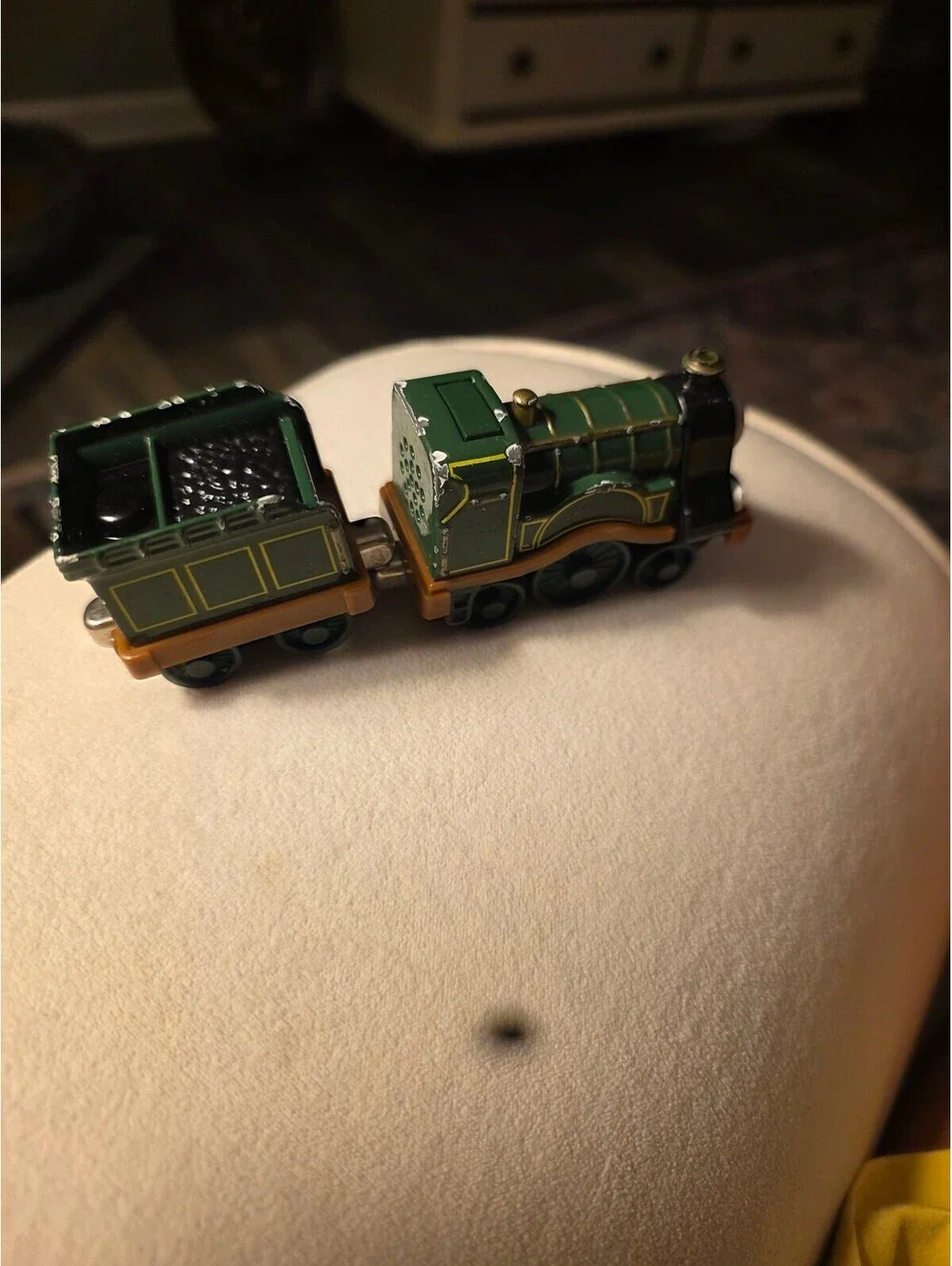 Vintage Green Toy Train Engine and Coal Car with Face Detail